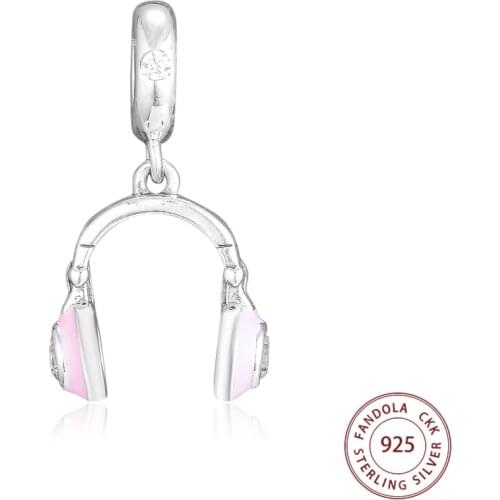 Pink Headphones Charm Fits Pandora Bracelet Argent 925 Sterling Silver Dangle Charms Beads for Women DIY Jewelry Making