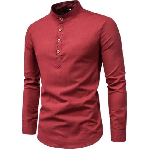 Spring Mens Casual Shirts Long Sleeve Slim Fit Linen Shirt Plus Size Men Solid Color Stand-Up Collar Shirt Clothing Tops M-5XL