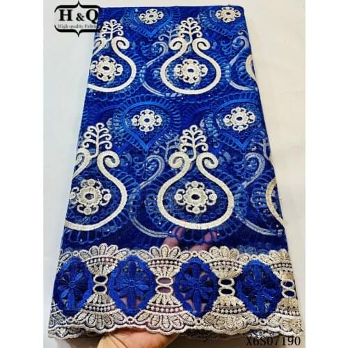 H&Q high quality 5 yards blue african lace fabric with bead and stone newest nigerian mesh french net tulle for sewing materials