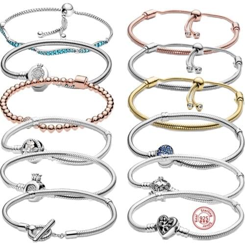 925 Sterling Silver Basic Snake Chain Flowers Blue Wavy Slider Bracelets Fit Original Brand Charms Women Girl DIY Making Jewelry