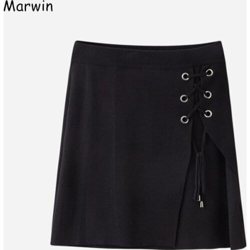 Marwin 2020 New-Coming Autumn Winter Solid Lace-up A-Line Knee-Length Knitted skirt Empire High Street Style Women Skirt