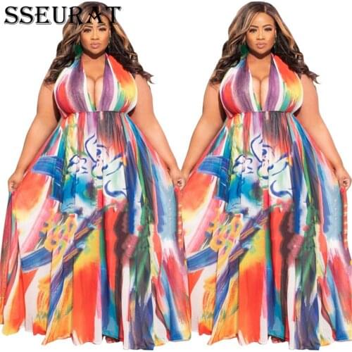 SSEURAT Plus size XL-5XL Women Fashion Print Sleeveless Midi Maxi Dress Sexy Night Club Casual Long Dresses Vestidos