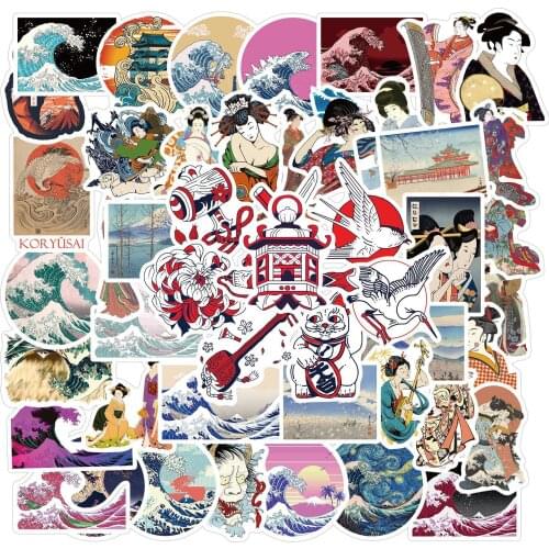 50 Japanese Ukiyo-e graffiti stickers Wave notebook suitcase PVC waterproof Amazon decorative stickers