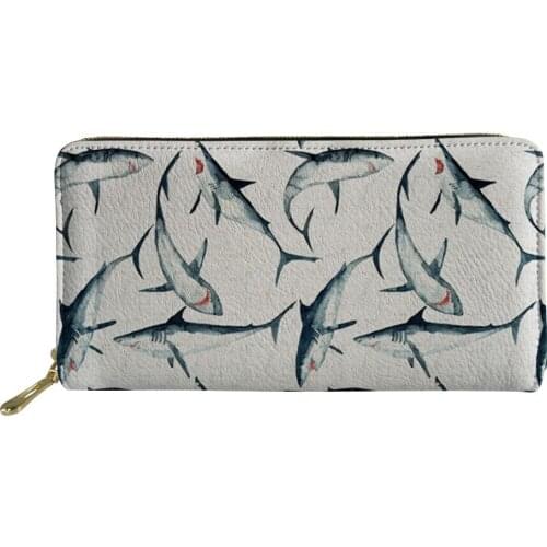 White Long Wallet Women PU Leather Wallets for Phone Clutch Purse Shark Print Female Card Money Bag Zipper Ladies Coin Purses