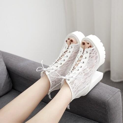 High Heels Summer Shoes punk shoes Ankle Boots Open Toe Thick Heels lace up boots spring boots demonias shoes platform heels