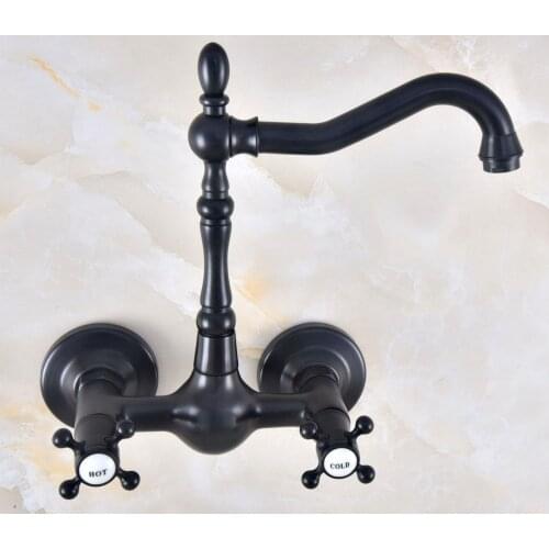 Black Oil Rubbed Bronze Brass Two Cross Handles Wall Mount Swivel Spout Kitchen & Bathroom Basin Sink Faucet Mixer Tap anf471