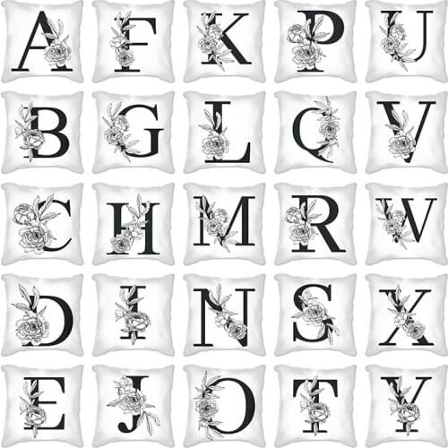 Room Decor Letter Decorative Pillows English Alphabet Polyester Black Flower Cushion Cover Sofa Home Decoration white Pillow
