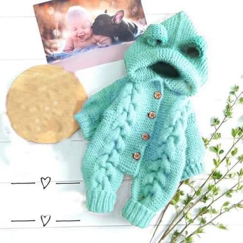 Cute Newborn Infant Baby Girls Boys Long Sleeve Winter Warm Knitted Solid Colors Btton Outwear Sweater Hooded Romper Jumpsuit#g4