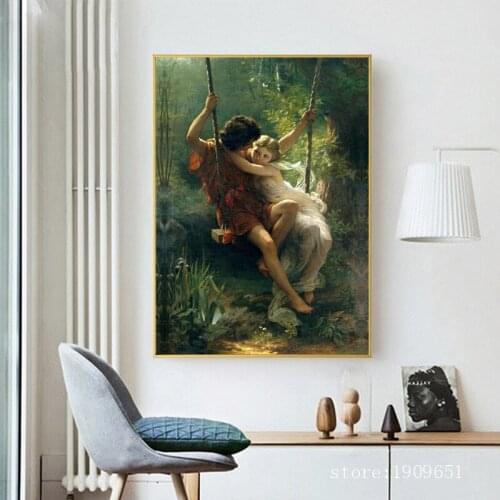 Cotton classical figures nude art sweet lover on the swings canvas printings printed on canvas home wall art decoration picture