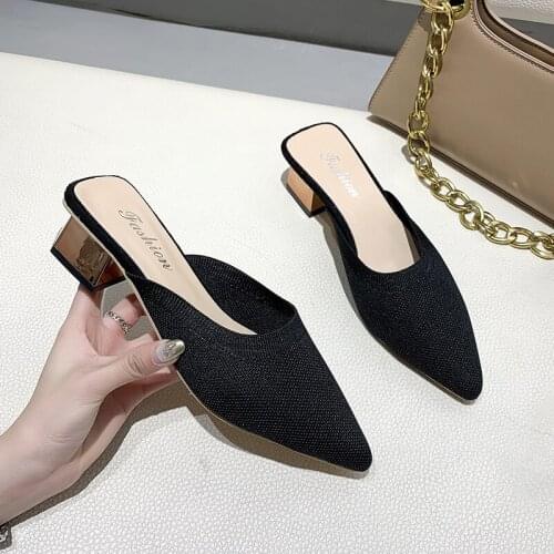Summer 2020 New Elegant Women Yellow Black Knitted Slides Mules Mesh Breathable Flat Slippers Closed Toe Slides Party Shoes