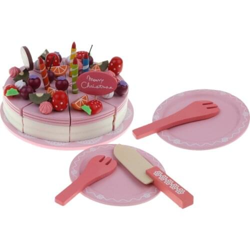 Wooden Play Birthday Cake Cutting Food Toy Set, Children Day Gift, DIY Pretend Play Party Cake with Candles for Kids