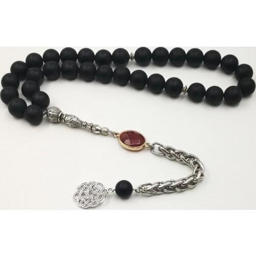 Natural Frosted black agates tasbih with Red Agates Mans misbaha Special Metal tassel Onxy 33 45 66 99 prayer beads Bracelets