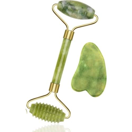 Green Natural Beauty Double Thorn Head Roller Jade Roller Facial Massage Stones for Face Neck Back Jawline Relaxation Slimming