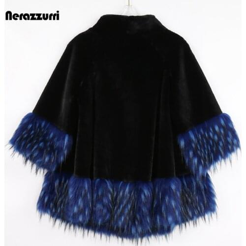 Nerazzurri Winter Warm Patchwork Faux Fur Coat Women with 3/4 Raglan Sleeve Stand Collar Loose Fluffy Jacket Korean Fashion 2021