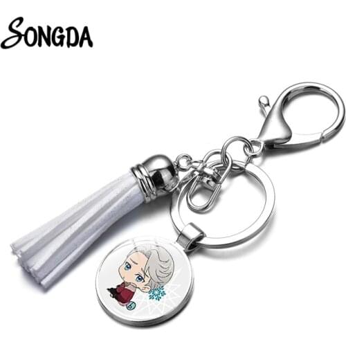 Yuri on Ice Victor Nikiforov Key Ring Holder Cute Anime Pattern Glass Convex Charm Key Chain Solid Color Leather Tassel Keychain