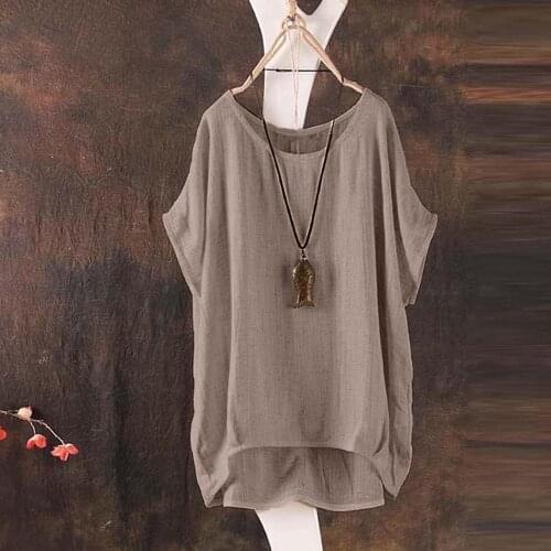 Womens Blouse Bat Short Sleeve Cotton Linen Casual Thin Section Top Blouse Solid Plus Size O Neck Loose Pullover Shirt blusas