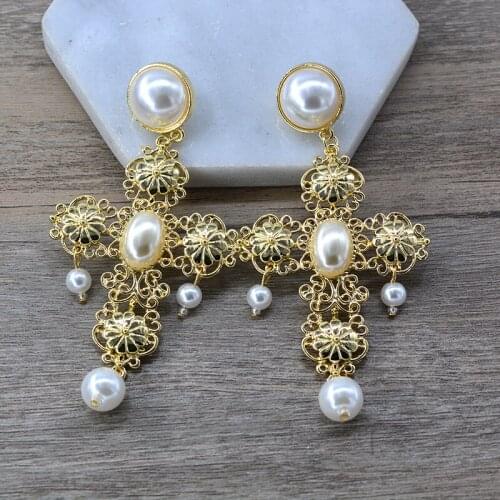 SHIFEEL New Euramerican Palace Vintage Pop Baroque Style Brand Women Jewelry Pearl Flower Gold Cross Earrings Long Pendientes