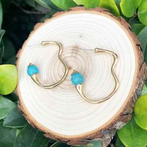 SAY HELLO Boho Fashion Turquoises Beads Hoop Earrings for Women Geometry Shaped Metal Curved Lines Jewelry Gift Brinco B0412