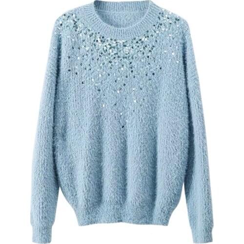 VSUE Women Crew Neck Sweater Knitted Pullovers Blue Orange White Violet Loose Winter Casual Sequined M0246
