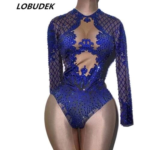 Women Blue Rhinestones Bodysuit Long Sleeve Skinny Vintage Nightclub Bar DJ Acrobatic Performance Leotard Sexy Stage Costume
