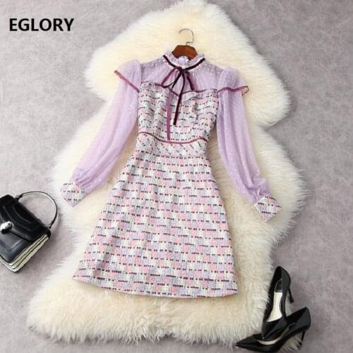 High Quality Brand New Womens Dress 2021 Spring Party Ladies Geometric Patterns Embroidery Sexy Tulle Mesh Purple Dress Sweet