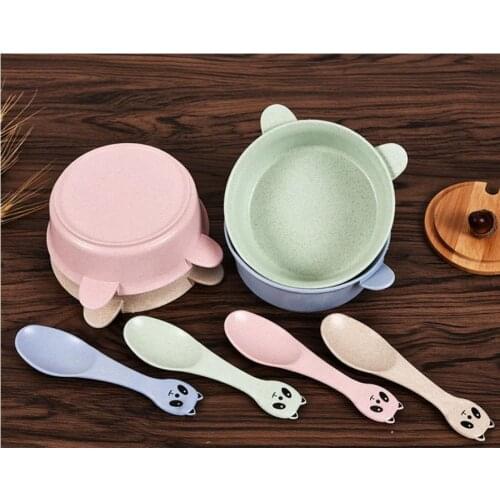 100set 2pcs/set Food Tableware Wheat Cartoon Cute Ears Kids Dishes Baby Eating Dinnerware Set Anti-hot Training Bowl+Spoon
