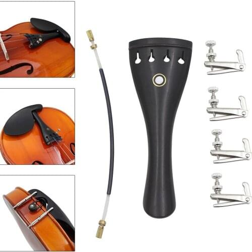 3/4 4/4 Sturdy Durable Professional Black & Silver Violin Parts Kit with Ebony Tailpiece + Tail Rope + 4pcs Fine Tunings