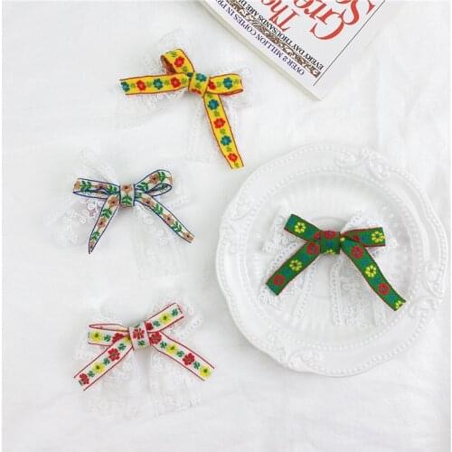 3.5'' Princess Lace Floral Printed Ribbon Bow Hair Clips for Girls Cute Double Layer Hairpin Barrettes for Kids Hair Accessories