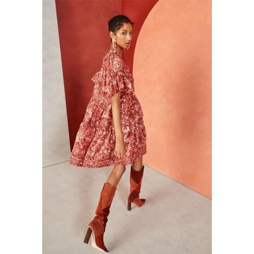 Designers Bohemia Exotic Blossom Poplin Silk/Cotton Tiered Loose Dress Retro Mixcolored Floral Ruched Flared Sleeve Vacay Gown