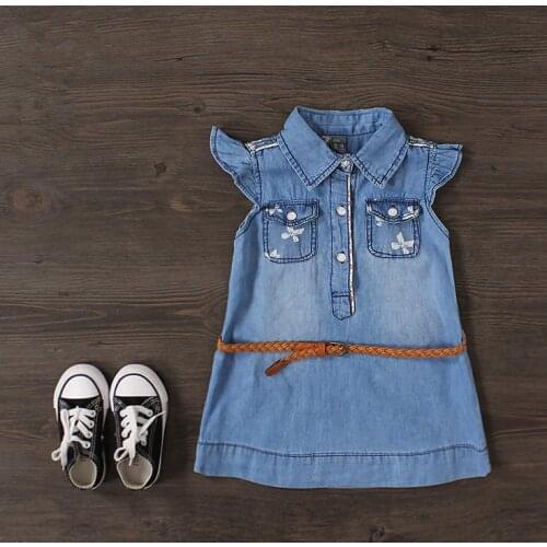 New Girls Denim Dress Baby Summer Denim Dresses Girls Fashion Bowknot-print Denim Dress With Belt Kids Summer Dresses