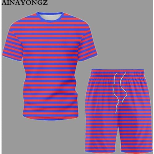 Summer Fashion Short Shirts Men Sets Classic Stripe Print T- Shirt Shorts 2-Piece Set Casual Attire 2021 Trend Beach Travel Suit