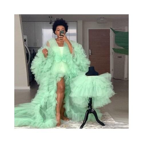 Mint Green Tiered Ruffle Long Tulle Dress for Mother And Puffy Tiered High Low Skirt Dress for Kids Mommy & Me Wear Customized