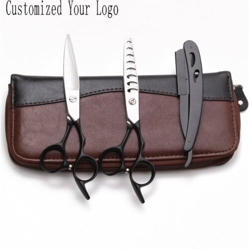 6" 17cm Customized Logo JP 440C Black Elastic Handle Barber Scissors Thinning Cutting Scissors Professional Hair Scissors C9122