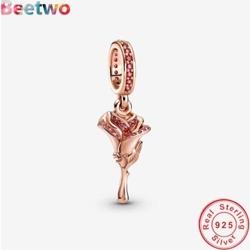 925 Sterling Silver Rose Gold Flower Dangle Charm Pendant Fit Original Pandora Bracelet 925 Silver Charms Berloque DIY Jewelry