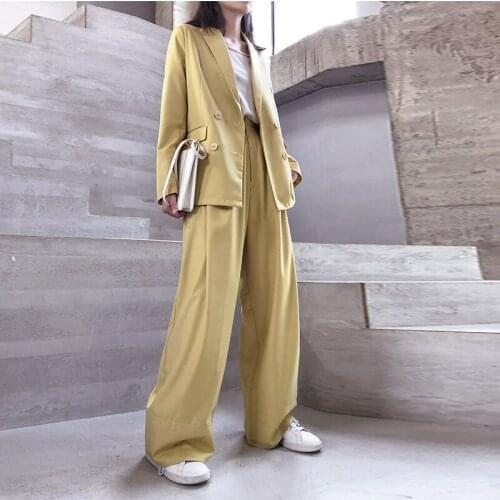 SE031 Casual Yellow Womens Loose Suit Two Piece Set Notched Double-breasted Blazer Zipper Wide Leg Pants conjuntos de mujer
