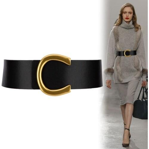 Vintage Big Buckle Belts Women Wide Black Waist Strap For Coat Fashion Brown Faux Leather Waistbands Dress Lady Wedding Decorate