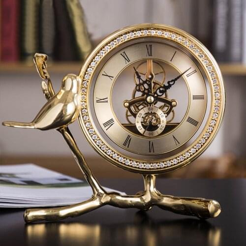 Luxury Golden Brass Clock Home Docor Bird Statue Bedroom Decoration Decorative Clock Eurpoean Style Table Clock Desktop Clock