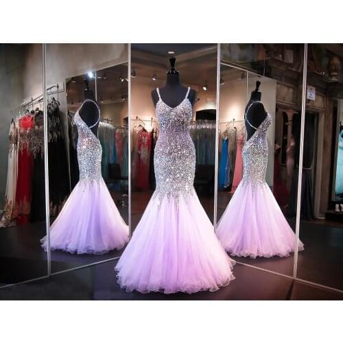 Lilac Beaded Mermaid Prom Dress Sweetheart Neckline Open Back Bling Bling Spaghetti Straps Evening Gown Sheer Pageant Dress