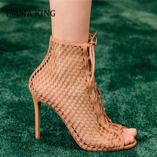 Women Summer Mesh Ankle Boots Natural Leather Lace up Women High Heel Sandals Boots Cross Tied Women Zapatos De Mujer 2020 New