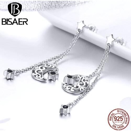 BISAER Hot Sale 925 Sterling Silver Moon And Star Black Zircon Long Stud Earrings for Women Sterling Silver Jewelry ECE528
