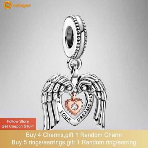 Volayer 925 Sterling Silver Angel Wings & Heart Dangle Charm fit Original Pandora Bracelets for Women Jewelry Making Gift