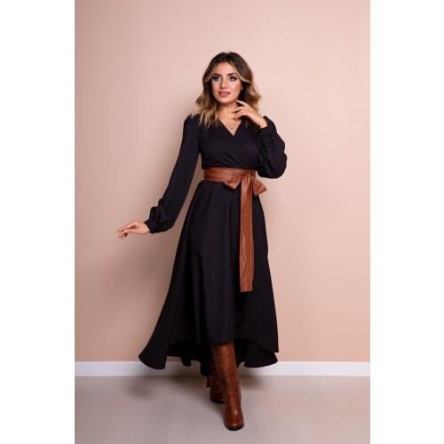 Bidoluelbise Women Black Tan Leather Belted Long Sleeve Asymmetrical Cut Dress