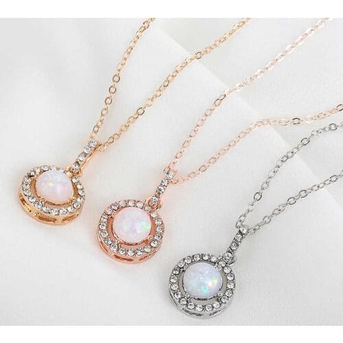 Necklace Womens Wedding Pendant CZ White Charm Opal Silver Color Fire Jewelry