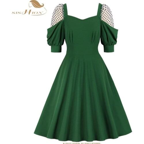 SISHION Lantern Sleeve Square Neck Green Dress VD2273 Christmas Half Sleeve Mesh Patchwork Vintage Summer Women Dresses