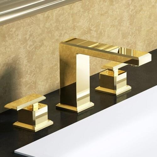 Gold Pvd Solid brass Three Holes Widespread Bathroom Sink Square Faucet New Hot and cold luxury unique Basin Mixer Tap