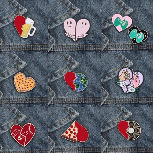 2pcs/set Creative Fashion Brocken Heart Earth Cup Pizza Brooches Enamel Pin Jackets Collar Pin Badge Women Gifts Corsage Jewelry