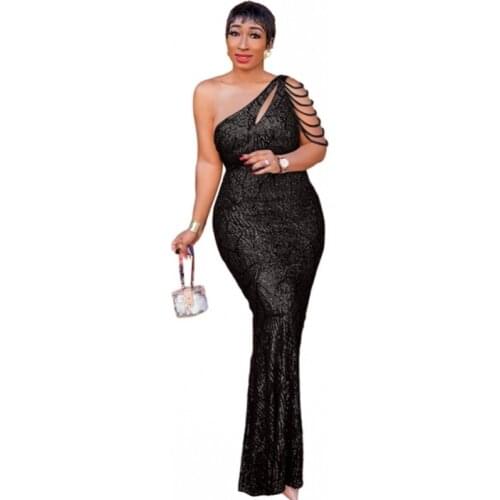 African Long Maxi Dress 2021 Womens Beading One-Shoulder Backless Daily Dress Evening Party Dress African Dresses For Women
