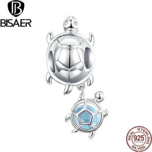 BISAER Little Sea Turtles Beads 925 Sterling Silver Blue Enamel Charms Pendant Fit DIY Original Bracelet Necklace Jewelry EFC332