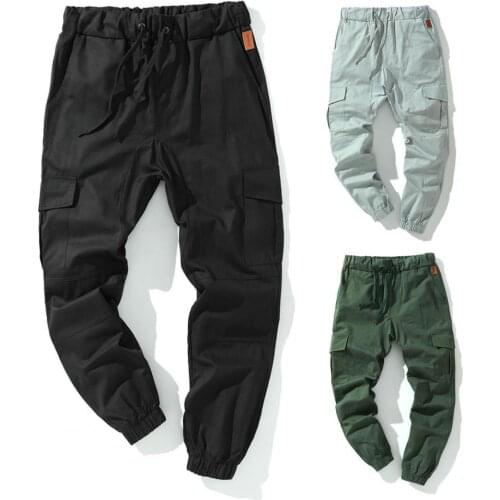 80% Dropshipping!!Cargo Pants Solid Color Multi Pockets Men Ankle Tied Drawstring Pants for Sports