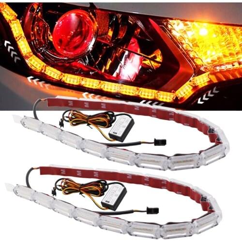 2X DRL LED Strip Flexible Daytime Running Lights Turn Signal Flowing White Yellow Car Auto Front Headlamp Driving Steering Lamp